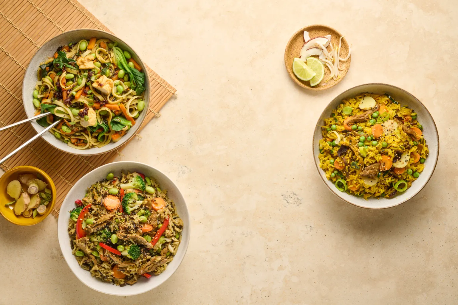 Three plant-based every bowls on a table
